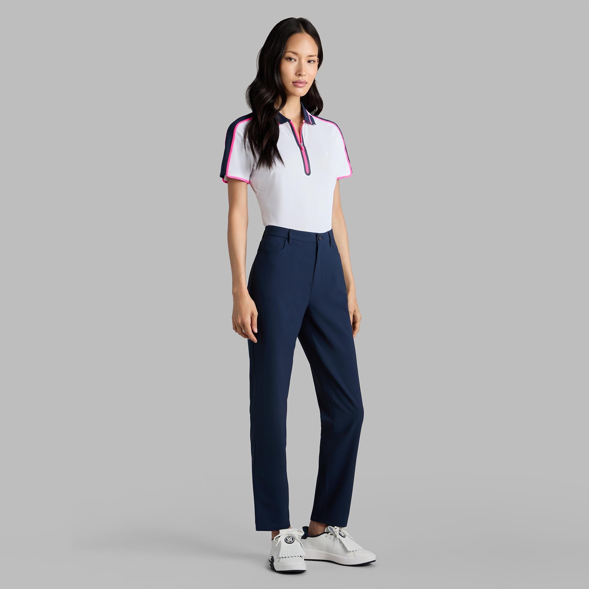G/FORE Tech Pique Contrast Panel Quarter Zip Ladies Polo Shirt Snow/Knockout Pink/Twilight